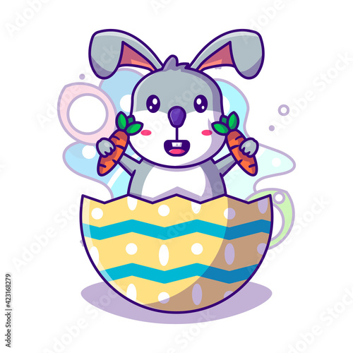 Easter Egg with Cute Rabbit and Carrot to Easter Day Vector Icon Illustration in Flat Cartoon style for Web Landing Pages with Banner or Sticker and Background