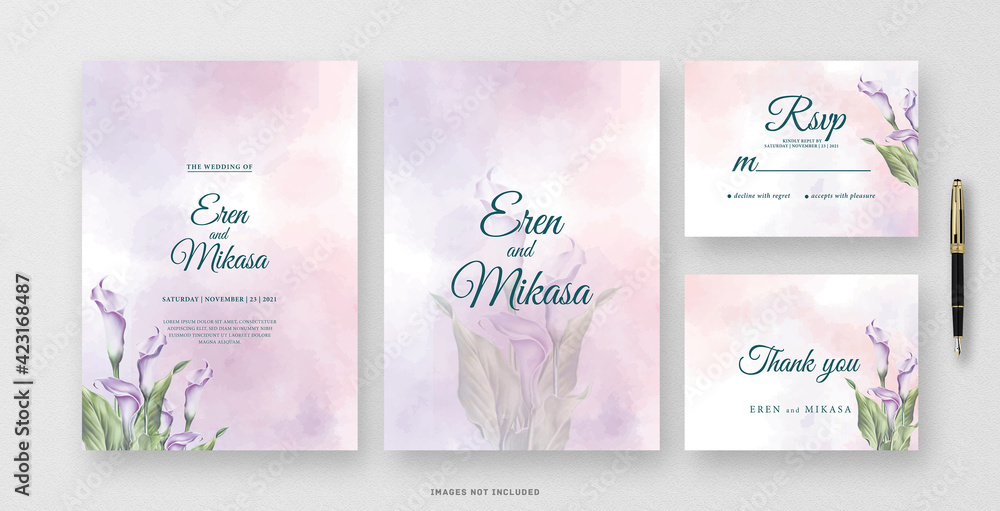 Wedding invitation watercolor with beautiful lily flower