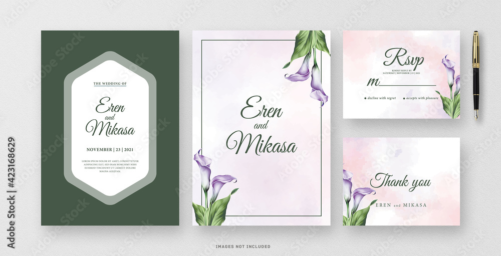 Green Wedding invitation watercolor with lily flower