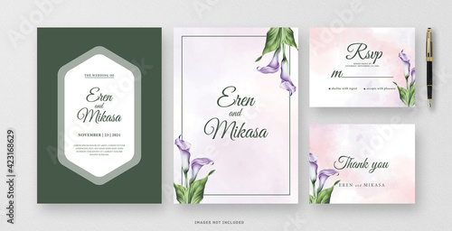 Green Wedding invitation watercolor with lily flower © Deden
