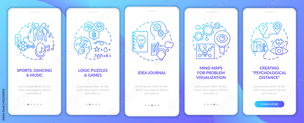 Boosting problem solving skills tips navy onboarding mobile app page screen with concepts. Mindset walkthrough 5 step graphic instructions. UI, UX, GUI vector template with linear color illustrations
