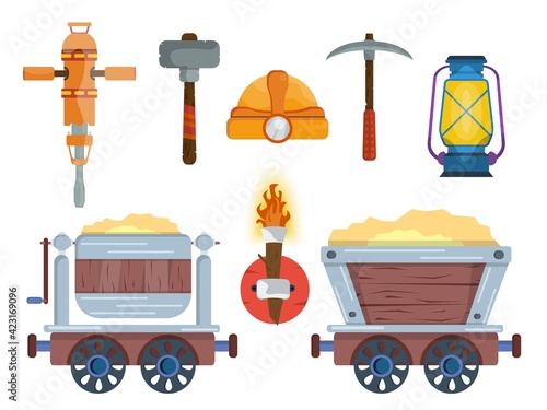 A set with mining tools for the extraction of resources. Mine carts, protection and lighting in the mine.