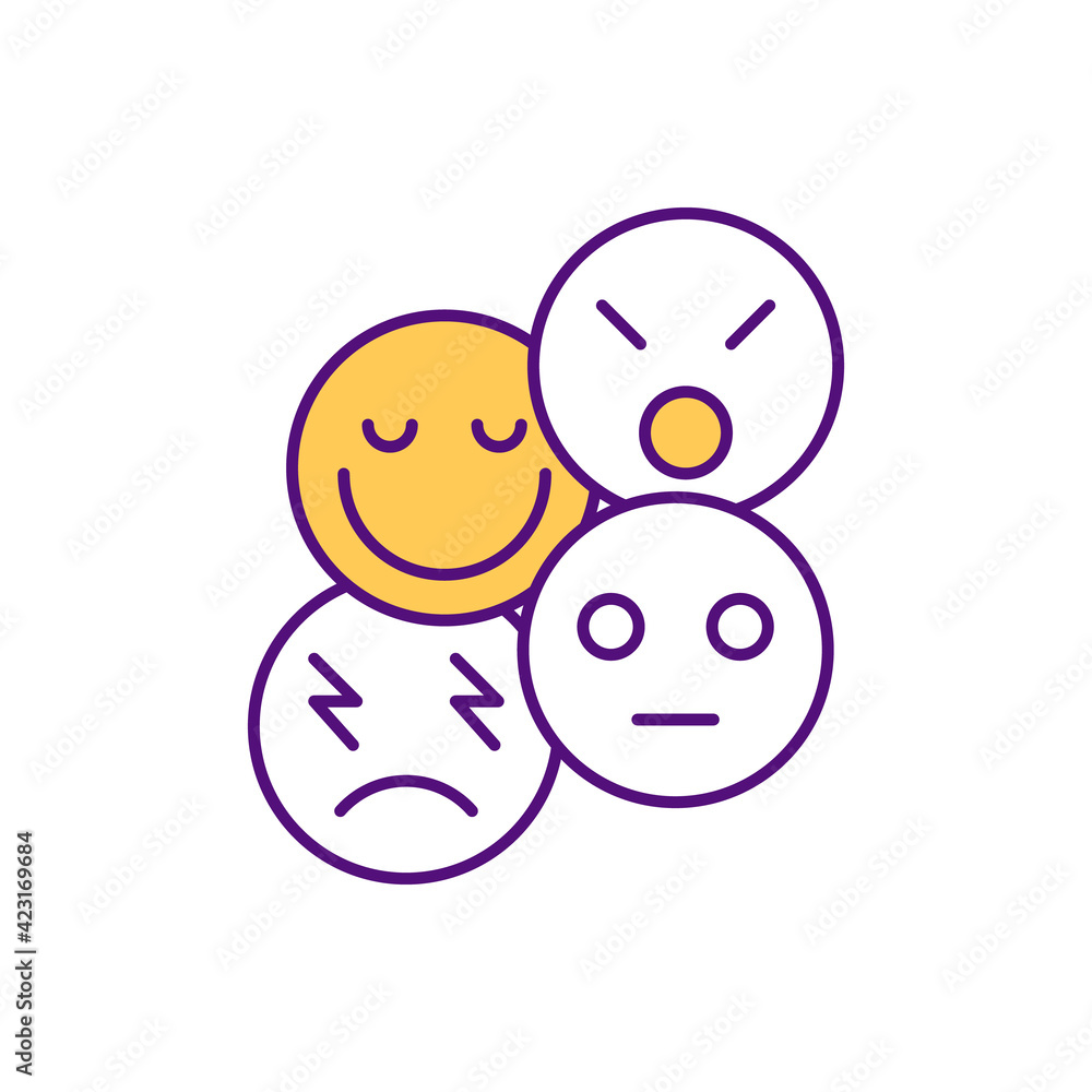 Emotional intelligence RGB color icon. Different emotions. Psychological experience. Decision making process, creative thinking stimulation. Various expressions. Isolated vector illustration Emotional intelligence RGB color icon. Different emotions. Psychological experience. Decision making process, creative thinking stimulation. Various expressions. Isolated vector illustration