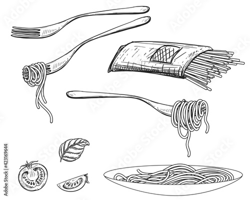 Hand drawn sketch black and white of pasta, spaghetti, fork, tomato, basil. Vector illustration. Elements in graphic style label, sticker, menu, package. Engraved style illustration