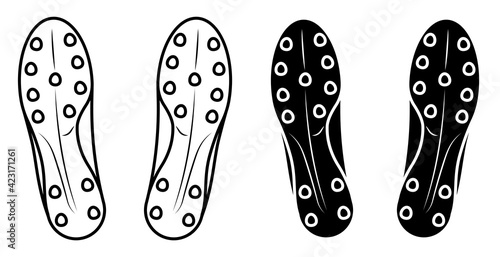 spiked sole of classic soccer, football boot, sneaker icon bottom view. Isolated vector on white background