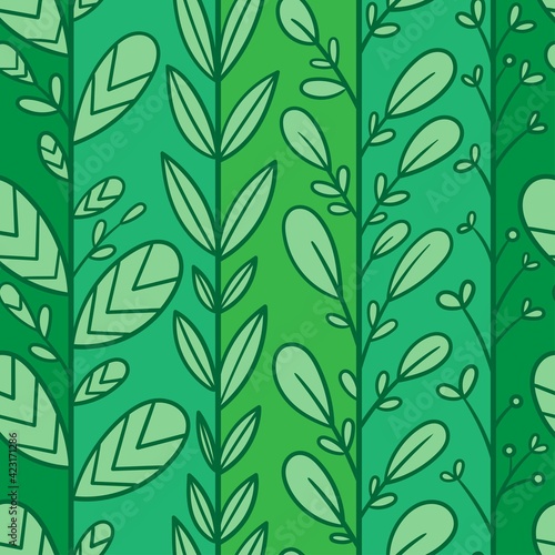 Seamless pattern with different plants on green background. Vector print with herbs.