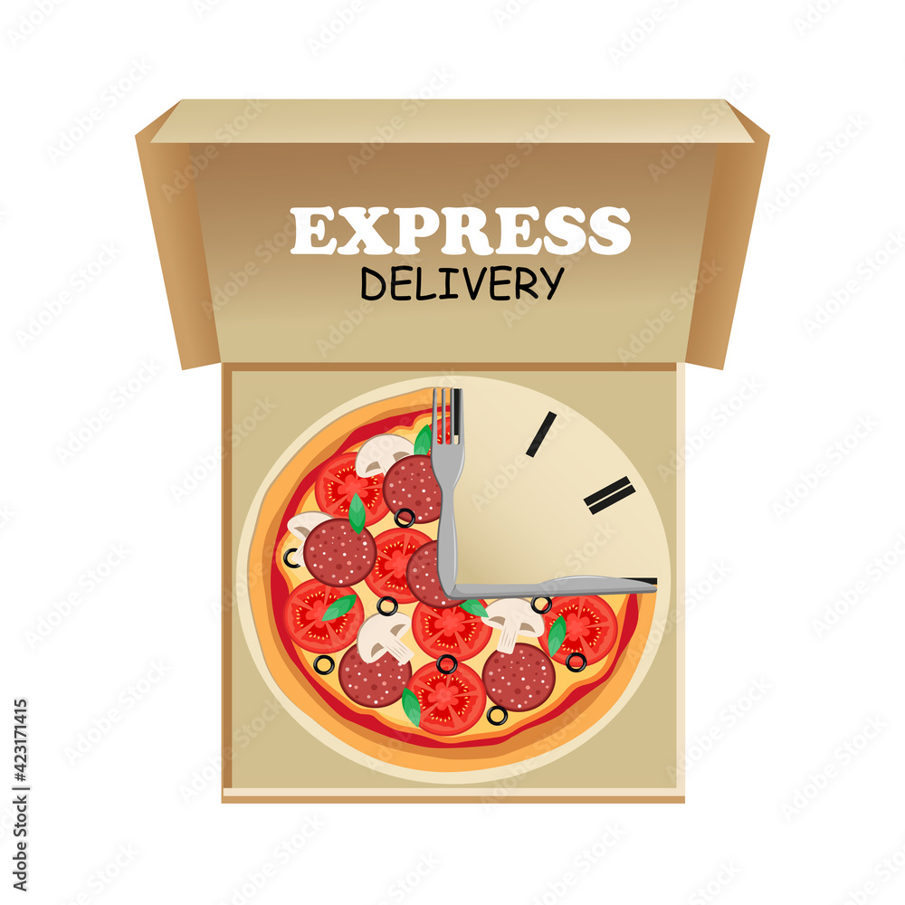 Express pizza delivery. Vector pizza in an open box. Pizza in the form of a clock with a fork and a knife instead of arrows. Food service. Fast delivery.