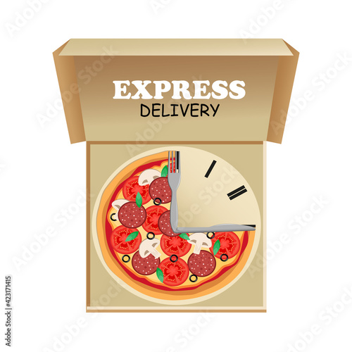 Express pizza delivery. Vector pizza in an open box. Pizza in the form of a clock with a fork and a knife instead of arrows. Food service. Fast delivery.
