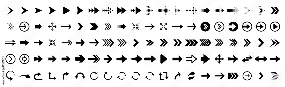 Black vector arrows collection. Arrow. Cursor. Arrow vector icon. Modern simple arrows. Collection different Arrows on flat style for web design or interface. Direction symbols - vector illustration