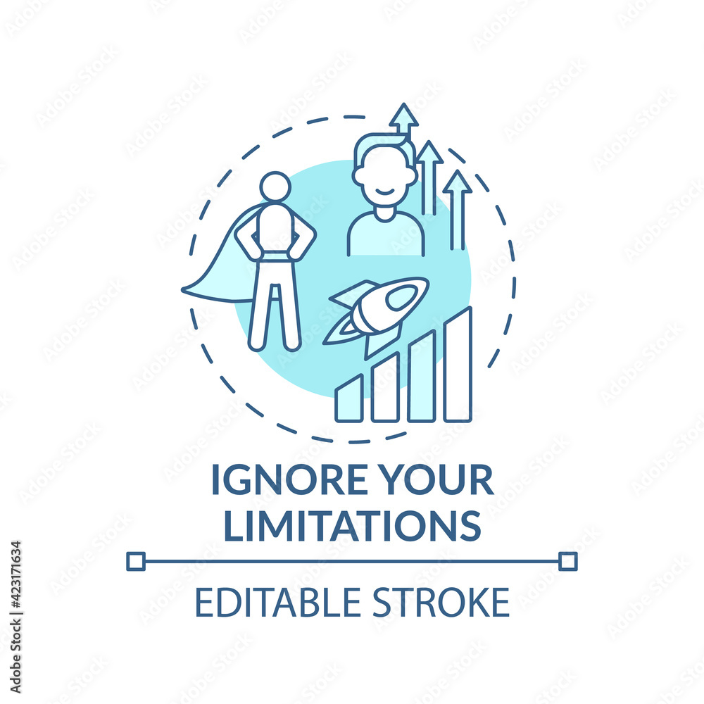 Ignore your limitations turquoise concept icon. Motivation for success. Positive mindset. Self development idea thin line illustration. Vector isolated outline RGB color drawing. Editable stroke Ignore your limitations turquoise concept icon. Motivation for success. Positive mindset. Self development idea thin line illustration. Vector isolated outline RGB color drawing. Editable stroke