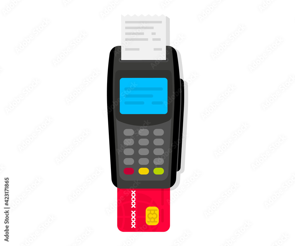 Payment Machine. POS Terminal. NFC payments. Payment by credit card using POS terminal with inserted credit card and print receipt. Terminal confirms the payment. NFC Bank Payment device. Top View Payment Machine. POS Terminal. NFC payments. Payment by credit card using POS terminal with inserted credit card and print receipt. Terminal confirms the payment. NFC Bank Payment device. Top View