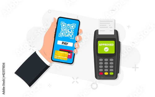 Mobile banking and payment by credit card using smartphone. Pos terminal confirms the payment. NFC payments. Scan to pay. Payment using Phone to scan QR code. Contactless payment, cashless technology