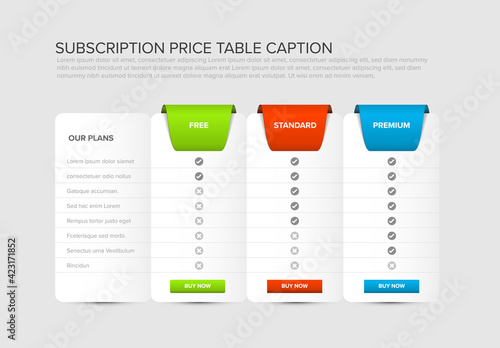Subscription plans Pricing table light template