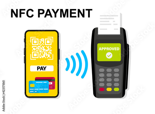 Mobile banking and payment by credit card using smartphone. Pos terminal confirms the payment. NFC payments. Scan to pay. Payment using Phone to scan QR code. Contactless payment, cashless technology