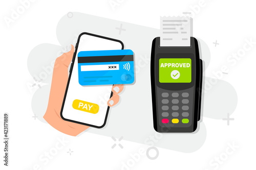 Mobile payments using a smartphone. Pay by credit card via electronic wallet wirelessly on phone. Pos terminal confirms the payment. NFC payments concept. Shopping by phone, e-payment