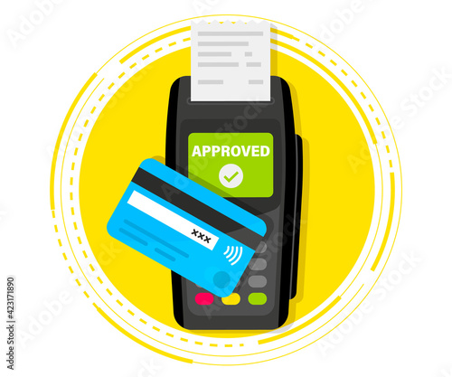 Payment Machine. POS Terminal. NFC payments. Payment by credit card using POS terminal with inserted credit card and print receipt. Terminal confirms the payment. NFC Bank Payment device. Top View
