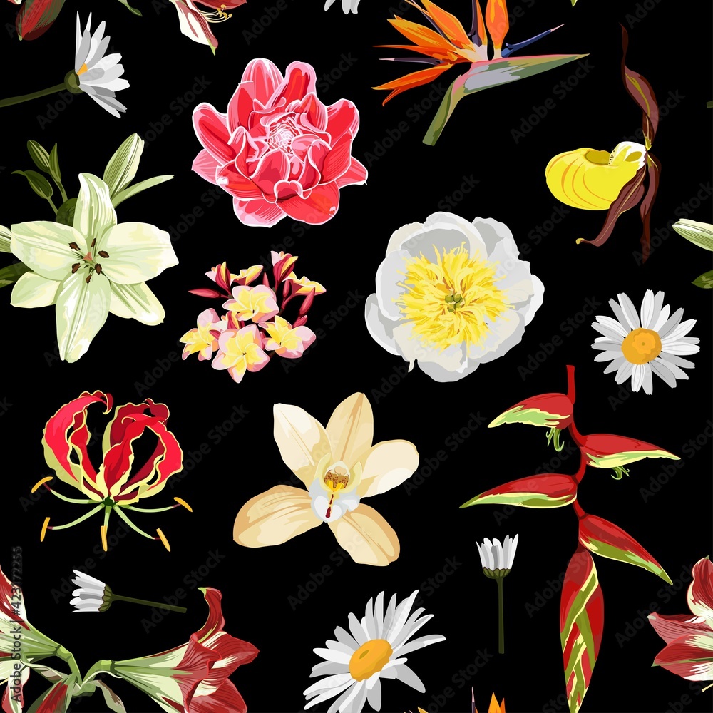 Seamless pattern: many kind of red yellow exotic flowers. Hand drawn beautiful elements. Nature botanical art, elegant pink wallpaper on black background.
