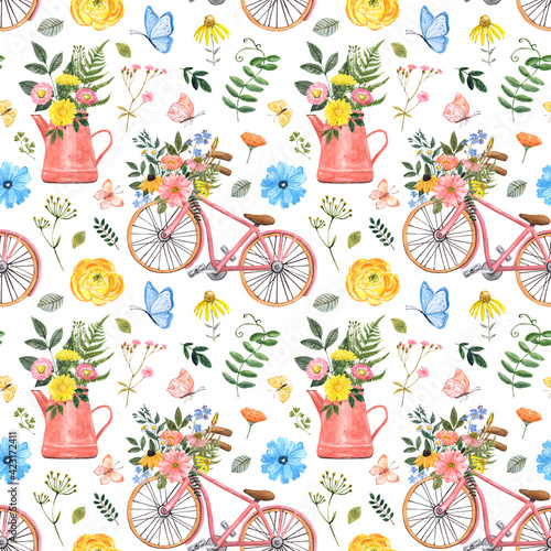 Summer wildflower meadow seamless pattern. Watercolor flowers, herbs, pink bi...