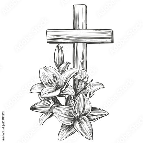 Happy easter, cross and floral blooming lilies, Easter. symbol of Christianity hand drawn vector illustration sketch