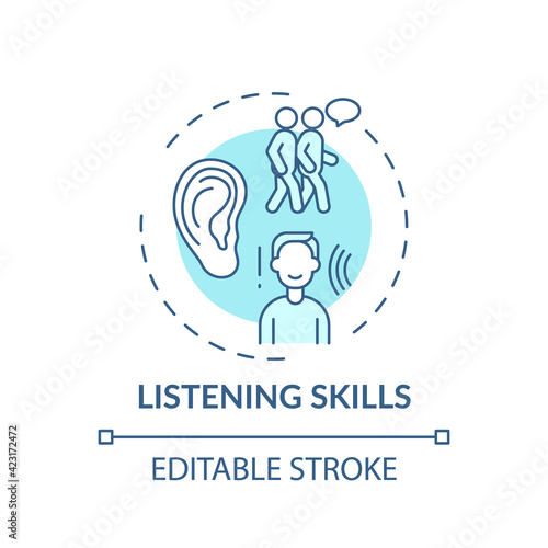 Listening skills turquoise concept icon. Ability to communicate. Contact with people. Self development idea thin line illustration. Vector isolated outline RGB color drawing. Editable stroke