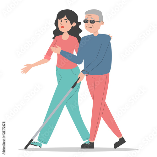 Young woman walking with blind old man vector isolated. Volunteer supports disabled person. Senior man with glasses and walking cane. Altruistic character helps man during rehabilitation.