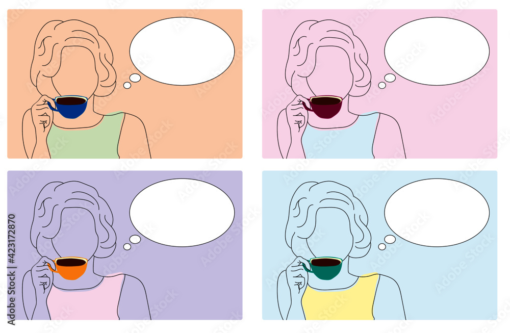 Set of art illustrations (pop-art). Minimalist portrait of a girl, she drinks coffee from a cup. There is a callout (a bubble with text, a bubble with words, a balloon, a text balloon, a bubble) Set of art illustrations (pop-art). Minimalist portrait of a girl, she drinks coffee from a cup. There is a callout (a bubble with text, a bubble with words, a balloon, a text balloon, a bubble)