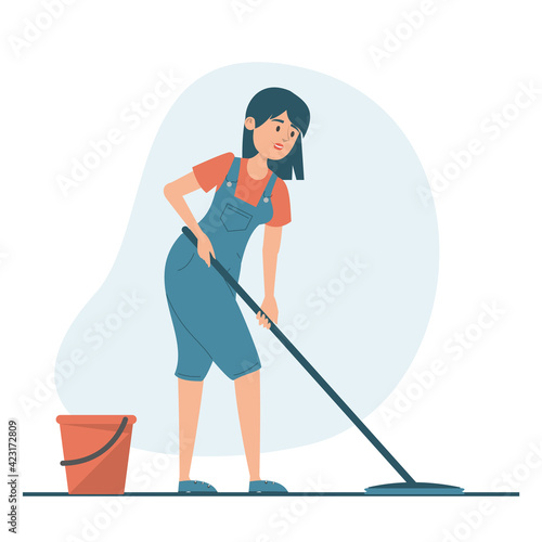 Housewife washing floor at home vector isolated. Illustration of a woman doing domestic work. Female character holding mop, red bucket with water standing near.