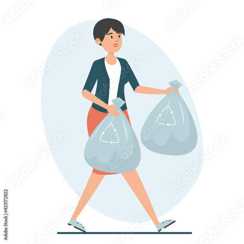 Woman holding garbage bags vector isolated. Illustration of a housewife taking trash out of home. Cleaning home, doing domestic work concept.