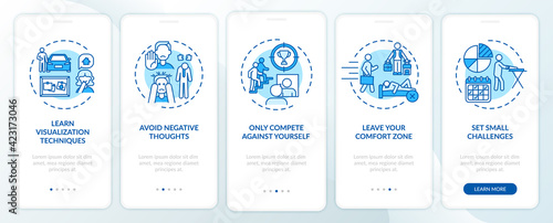 Self-improvement tools blue onboarding mobile app page screen with concepts. Personal challenge walkthrough 5 steps graphic instructions. UI, UX, GUI vector template with linear color illustrations