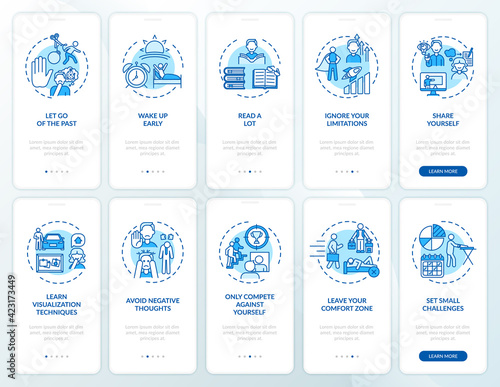 Self-development tips blue onboarding mobile app page screen with concepts set. Personal challenge walkthrough 5 steps graphic instructions. UI, UX, GUI vector template with linear color illustrations