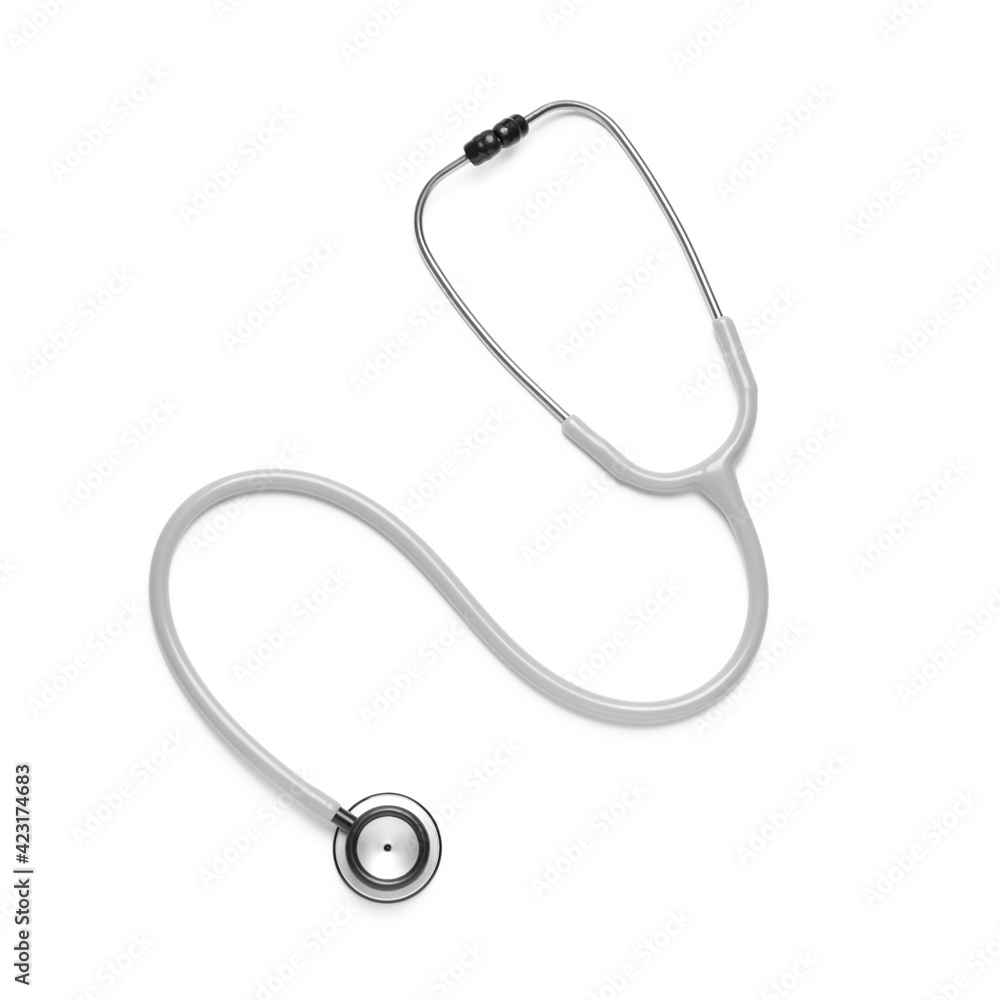 Modern stethoscope on white background, top view Modern stethoscope on white background, top view