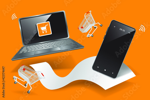 Receipt paper comes out of shopping through the app and shopping online via laptop computer and smartphone application, vector digital marketing concept design