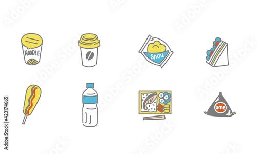 コンビニエンスストア・スーパーマーケット取扱食品や飲み物のイラストセット