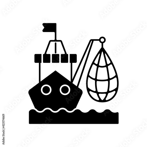 Industrial fishing black linear icon. Selling fish and fish products. Commercial fishing industry. Overfishing endanger. Efficient catches. Outline symbol on white space. Vector isolated illustration