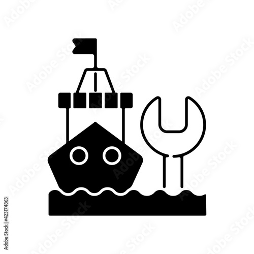 Ship maintenance and repair black linear icon. Repairing floating vessels. Naval engineering. Keeping mechanical equipment going. Outline symbol on white space. Vector isolated illustration
