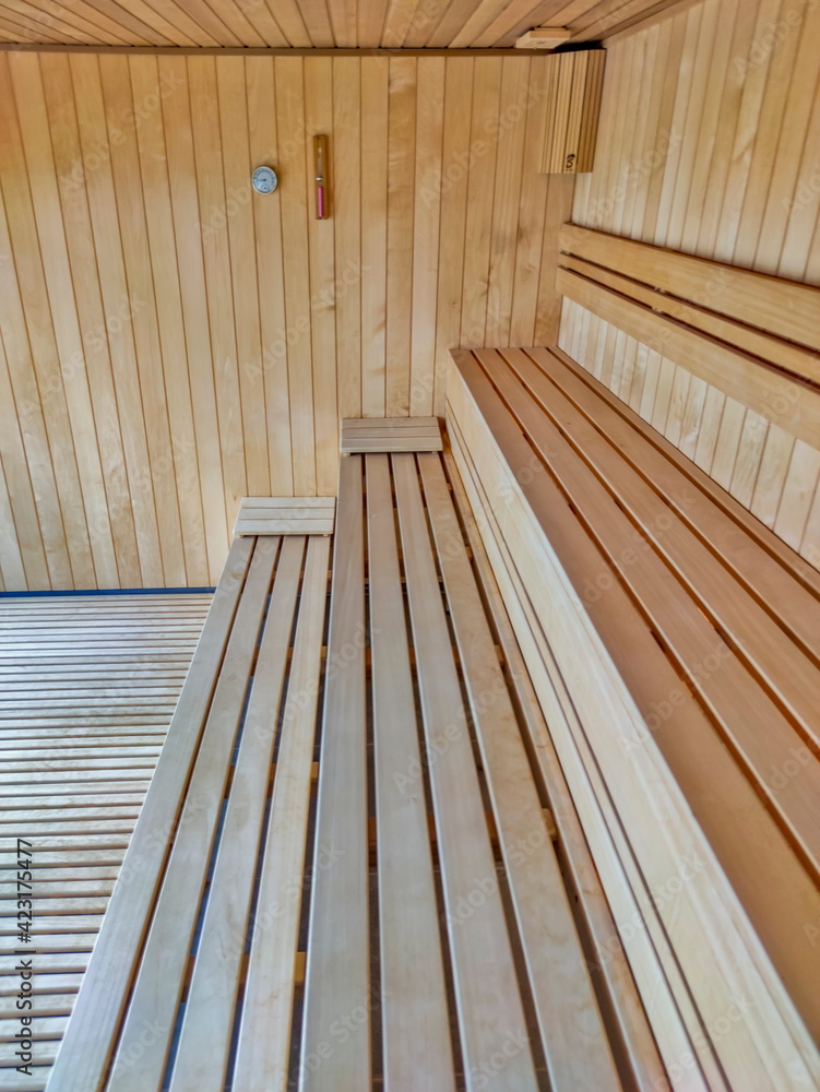 Interior of the empty new wooden sauna Interior of the empty new wooden sauna