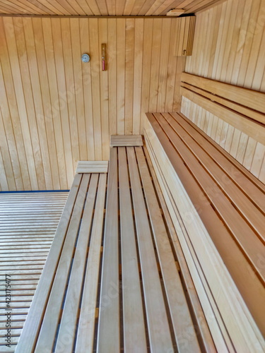 Interior of the empty new wooden sauna