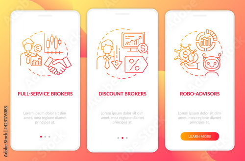 Professional traders onboarding mobile app page screen with concepts. Robo, discount stockbrokers walkthrough 3 steps graphic instructions. UI, UX, GUI vector template with linear color illustrations