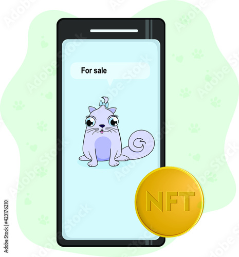 Vector illustration of a smartphone with Funny virtual kitty pet and non fungible tokens icon. NFT crypto art