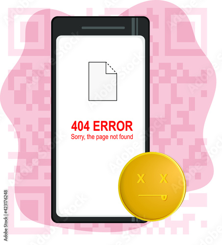 Vector illustration of a smartphone with not loaded picture on the site, 404 error message. NFT non fungible token crash concept