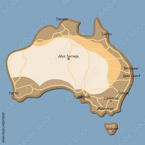 Doodle freehand colorful drawing Australia map with major cities and highway.