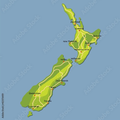 Doodle freehand colorful drawing New Zealand map with major cities and highway.