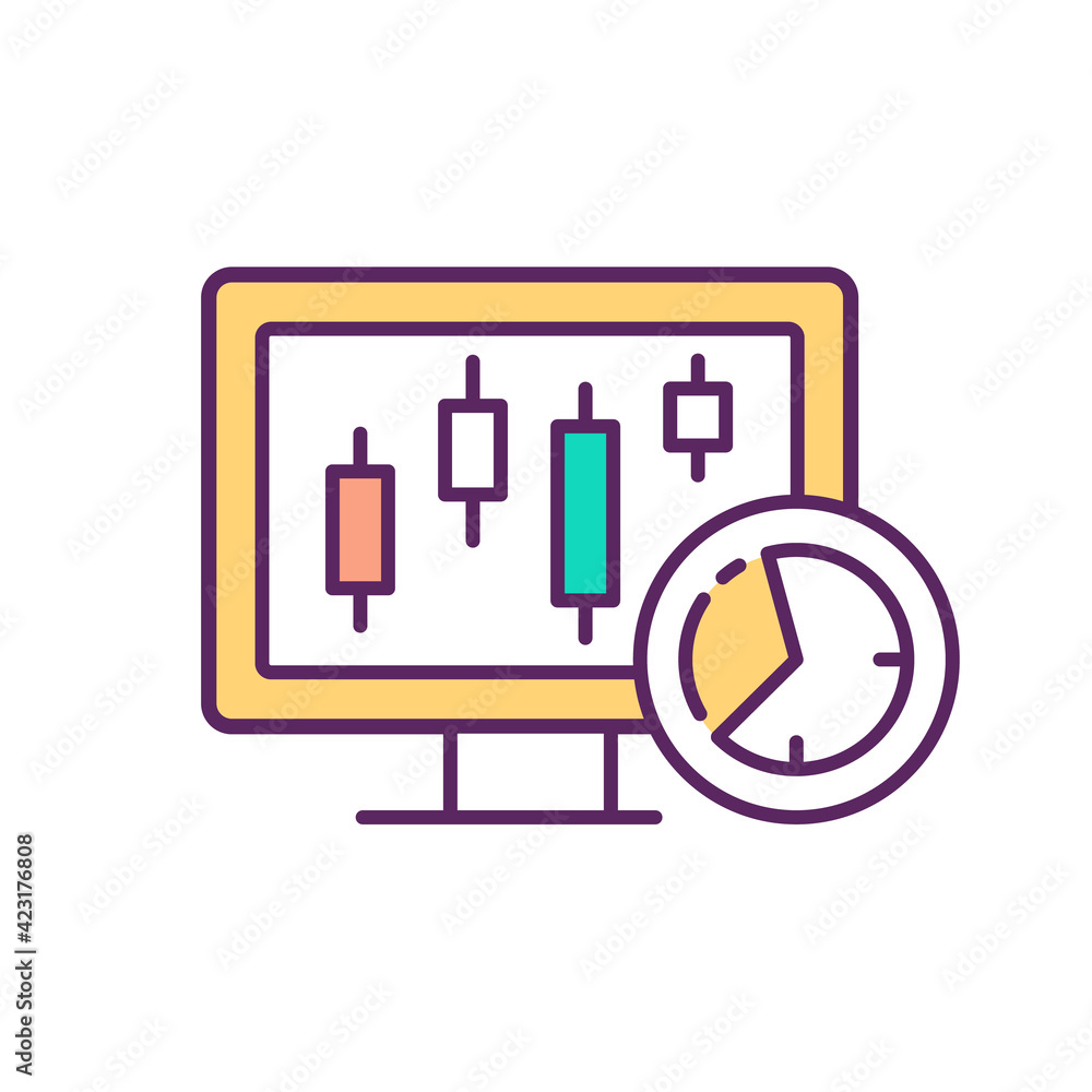 Intraday trading RGB color icon. Profit generation with one trade. Exposure limit in market. Speculation in securities. Day-trading activities. Minimizing investment risk. Isolated vector illustration Intraday trading RGB color icon. Profit generation with one trade. Exposure limit in market. Speculation in securities. Day-trading activities. Minimizing investment risk. Isolated vector illustration