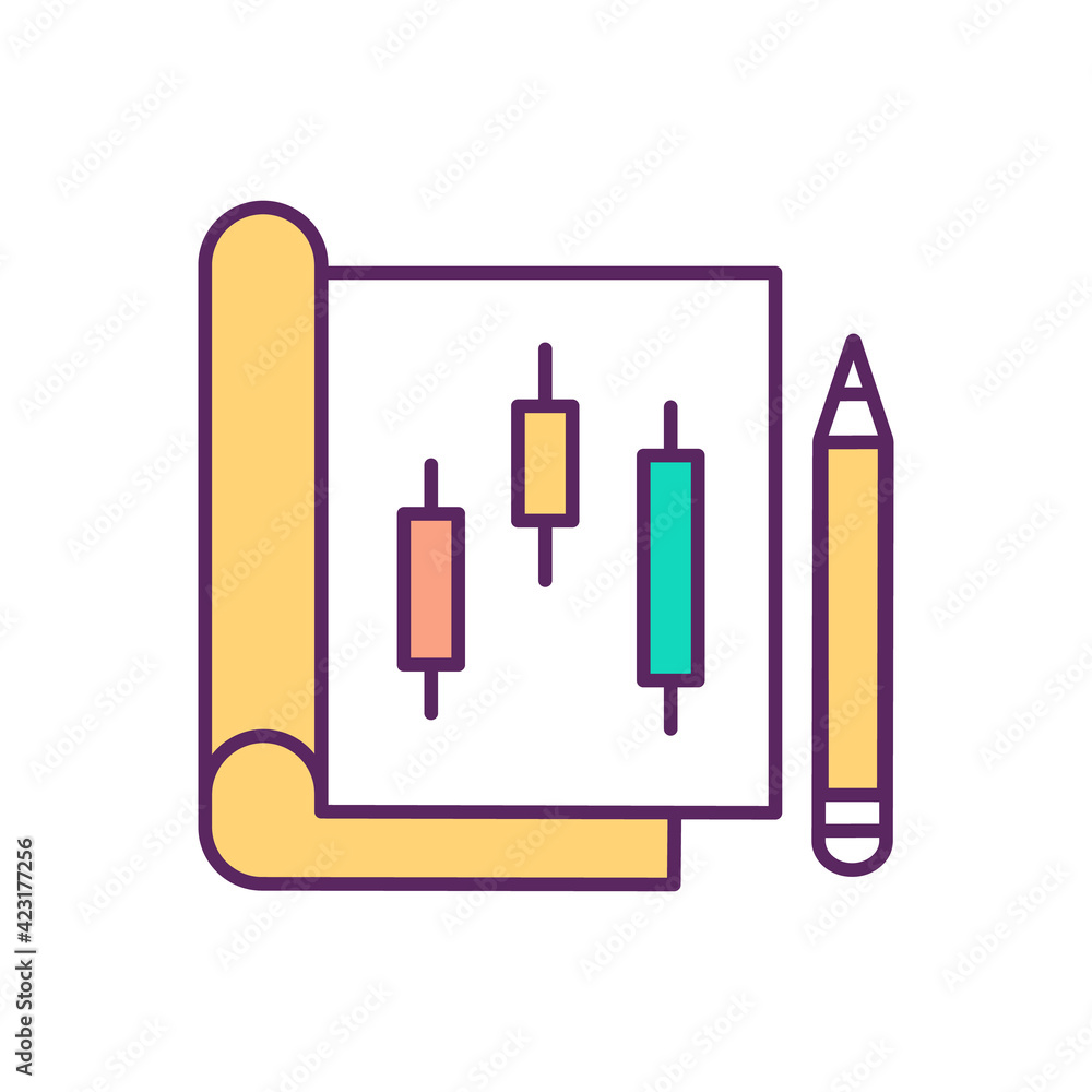 Paper trading RGB color icon. Planning buying and selling decisions. Virtual trading. Stock investing strategy. Using virtual currency. Simulated market environment. Isolated vector illustration Paper trading RGB color icon. Planning buying and selling decisions. Virtual trading. Stock investing strategy. Using virtual currency. Simulated market environment. Isolated vector illustration