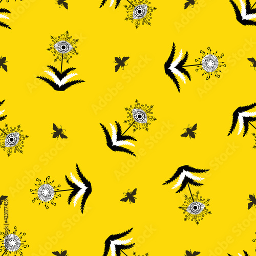 Abstract dandelion seed and honey bees seamless vector pattern background.Stylized folk art herbacious flowers and insects yellow white black backdrop.Modern hand drawn botanical all over print