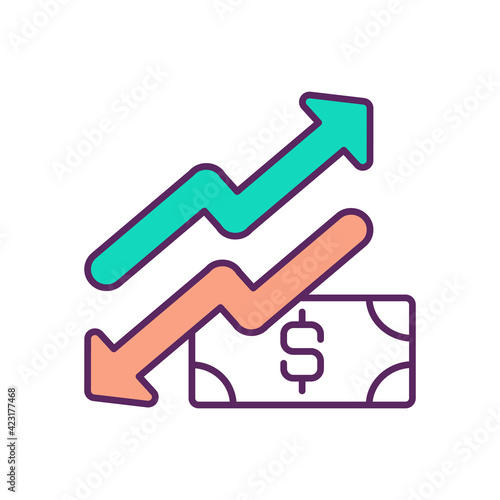Currency rise and fall RGB color icon. Currency fluctuations. Exchange rate behavior. Purchasing power. Drop in value. Economic growth. Inflation, deflation. Depreciation. Isolated vector illustration