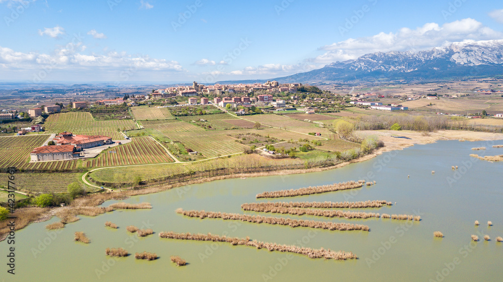 aerial view of la paul lagoon woth laguardia town at background, Spain