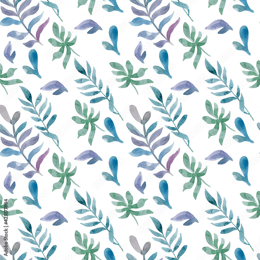Fototapeta premium Watercolor seamless pattern of pink flowers and almond leaves.