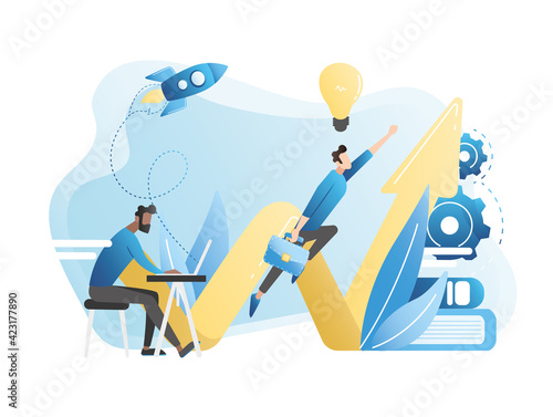 Team in office. Man works in laptop, guy flies to his goal according to schedule growing up. Launching successful startup with rocket, new idea. Programmers have created new lucrative project.