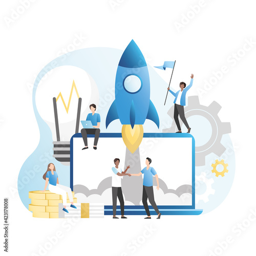 Team of employees launched successful start-up, Partners entered into deal, an agreement for big money, cash, coins. Rocket takes off from laptop, computer. Collaboration on idea, business project.